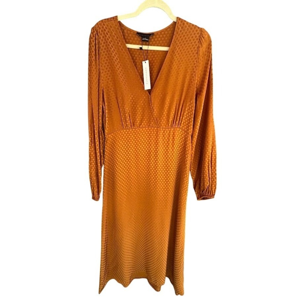 Sanctuary Women Burnt Orange Jacquard Polka Dot Midi Dress Size 6 NEW